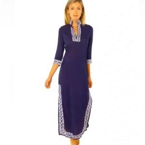 Gretchen Scott Designs Navy Caftan Dress with White Embroidery